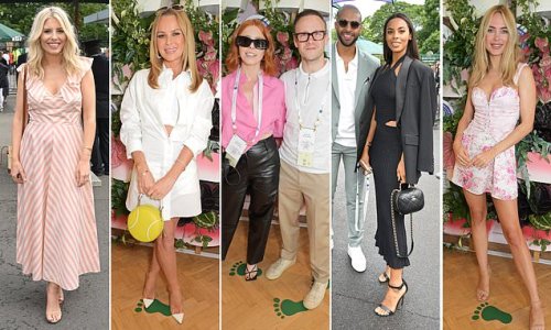 Love all at Wimbledon! Stacey Dooley and Kevin Clifton join Rochelle and Marvin Humes as celebs ignore the downpours to enjoy day one of the tennis tournament