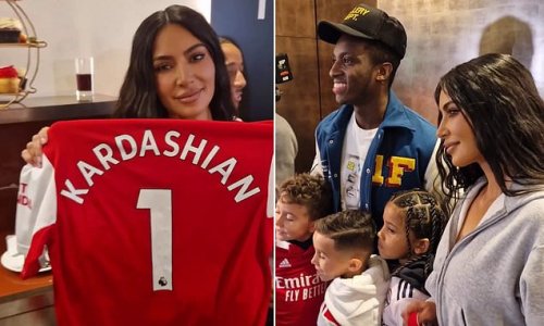 Arsenal share new clip of Kim Kardashian's visit to the Emirates, with striker Eddie Nketiah seen giving reality TV superstar a personalised shirt and meeting son Saint West