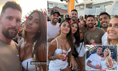 Paris Saint-Germain star Lionel Messi parties with his wife and his old Barcelona pals Cesc Fabregas and Luis Suarez at a beach hotel in Ibiza as they switch off before pre-season