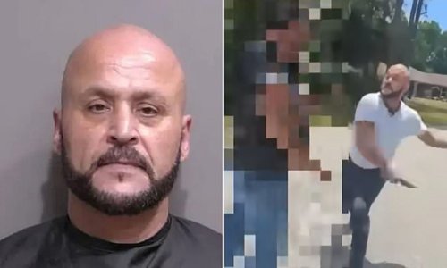 Shocking moment road rage knifeman, 50, pulls blade on knuckleduster-wearing biker and slashes him before victim pulls a GUN from coat in Florida