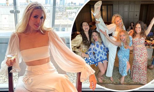 Pixie Lott flashes her abs in a white co-ord and dons bridal veil as she lets her hair down with friends at wild hen do - ahead of nuptials to Oliver Cheshire