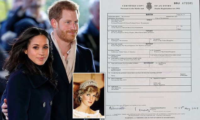 Meghan Markle erases her first names 'Rachel Meghan' from Archie's birth certificate in favour of Her Royal Highness the Duchess of Sussex 'in nod to Princess Diana'