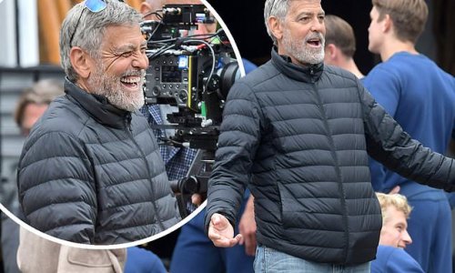 Beaming George Clooney, 61, directs scenes for The Boys in The Boat project on the River Thames in Surrey