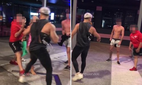 MMA fighter takes on two men in wild street brawl as he's cheered on by glamorous female fighter - while nearby diners enjoy the free show