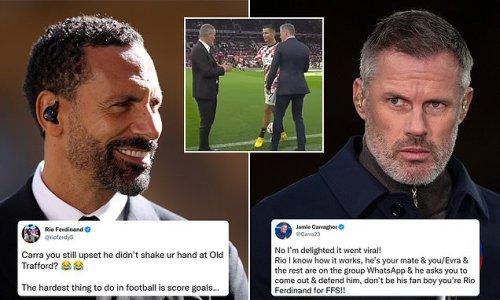 Jamie Carragher and Rio Ferdinand trade insults in Twitter row as Liverpool legend calls United icon a Ronaldo 'FAN BOY'... after BT pundit mocked CR7's snubbing of Sky Sports rival at Old Trafford