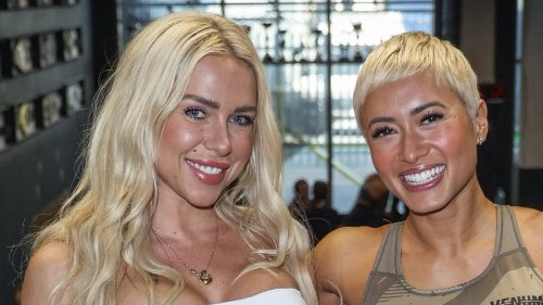 Love Island's Gabby Allen puts on a busty display in skintight activewear as she reunites with Kaz Crossley at Combat Collective self-defence event