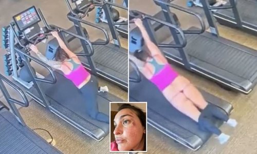 That's one way to get ripped at the gym! Woman ends up half naked when her leggings are stripped off after she stumbles on the treadmill