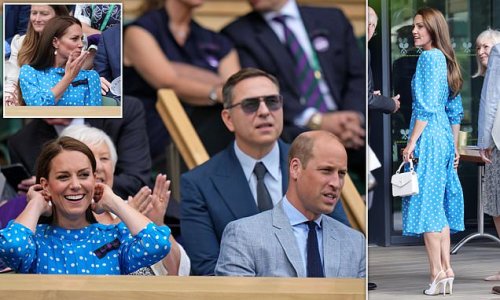 Spot on! Kate Middleton looks elegant in a £1,515 Alessandra Rich polka dot midi dress as she and Prince William join David Walliams in the Royal Box for their first Wimbledon appearance of the year