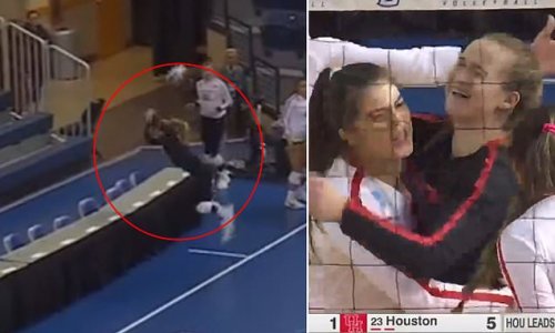 Is this the greatest volleyball rally ever? University of Houston player crashes through TABLE to make incredible diving save... and then gets back up from face plant to help her team win epic point!
