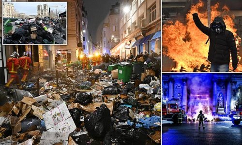 French protestors stack piles of rubbish-filled bin bags into makeshift barricades against riot cops as demonstrations over pensions rage across the country
