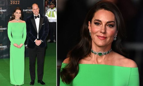 Green Queen! The Princess of Wales wears an eco-friendly rental gown paired with emerald choker owned by Princess Diana as she attends the Earthshot Prize Awards ceremony in Boston
