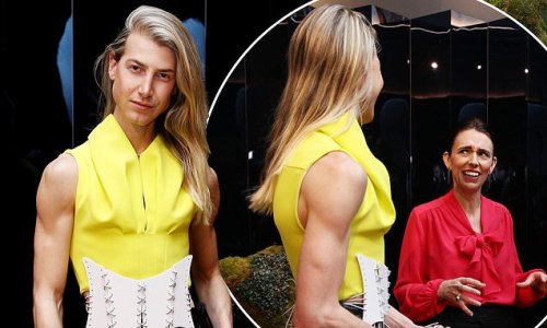 Richard Wilkins' son Christian shows off his buff biceps in a yellow corset as he greets New Zealand Prime Minister Jacinda Ardern at fashion launch event