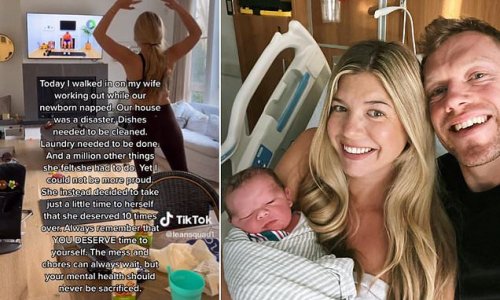 'Help her!' Dad who praised wife for working out while their newborn napped - instead of cleaning their 'disaster' of a home - is SLAMMED for not 'pitching in'