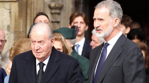 Disgraced King Juan Carlos leans on his son Felipe VI at memorial for Constantine of Greece - after...