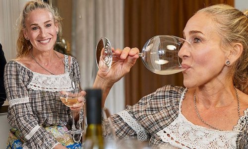 Bottoms up! Sarah Jessica Parker has fun during a tasting of her new Invivo X, SJP Sauvignon Blanc as she says the vintage has a 'round mouthfeel'