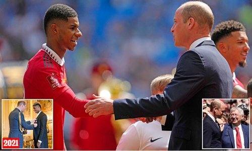 Fancy seeing you here! Prince William greets Marcus Rashford before kick-off of all-star Wembley FA Cup final between Man City and Man Utd... two years after awarding him an MBE