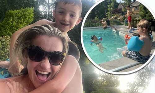 'Grateful mum': Helen Skelton shares a sweet snap of her sons Ernie, 7, and Louis, 5, as they enjoy a 'summer night' swim together