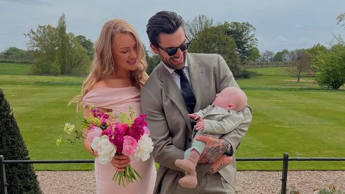 Laura Woods stuns in a dusky pink off-the-shoulder bridesmaid dress as she attends best pal's wedding with fiancé Adam Collard and their baby boy Leo