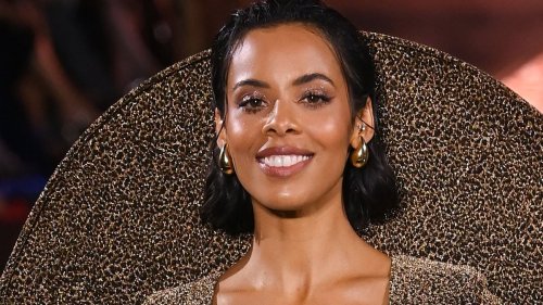 Rochelle Humes wows in a sparkling bronze gown with racy thigh-high split as she makes a surprise appearance at the L'Oreal runway show during Paris Fashion Week