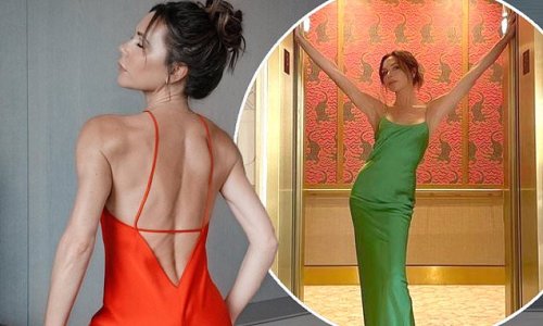Victoria Beckham poses up a storm in a £1000 orange slip dress from her own collection for a glamorous snap - after slamming Chris Evans for forcing her to weigh herself on live TV