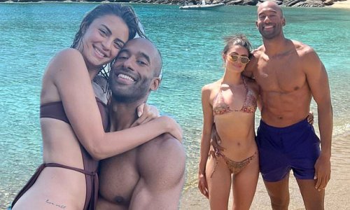 'Happiness': Bachelor vet Matt James holds on to his bikini-clad girlfriend Rachael Kirkconnell during romantic beach holiday in Greece