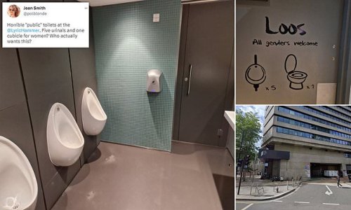 'Are women expected to queue for one cubicle alongside men using urinals?': Furious customers blast Hammersmith theatre over 'all gender' toilets which have one stall beside row of urinals