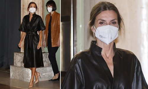 Queen Letizia of Spain channels rock chick style in a leather dress