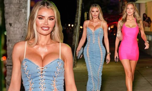 Chloe Sims puts on a busty display in a lace-up denim bodycon while joined by OnlyFans star Hannah Palmer for night out in Miami Beach