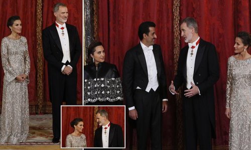 Stunning in silver! Queen Letizia of Spain dazzles in a metallic lace gown as she joins King Felipe in welcoming the Emir of Qatar and his wife to a state dinner at Madrid's Royal Palace