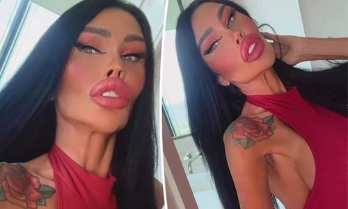 Australia''s 'human Barbie' Tara Jayne reveals her giant pout and surgically-enhanced side boob in a festive red frock