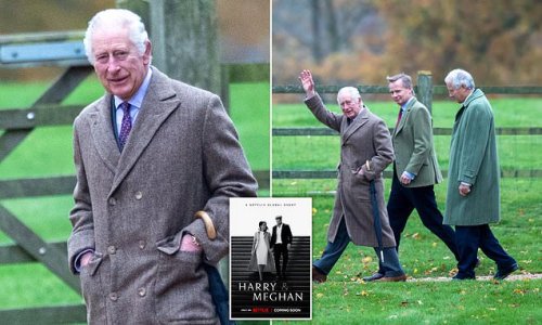 King Charles is seen for the first time since Harry and Meghan's bombshell Netflix trailer as he attends church service in Sandringham