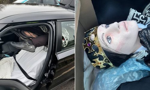 Body of evidence! Police fear the worst after spotting feet poking from rolled up carpet inside car... only to pull over driver and discover it's a MANNEQUIN