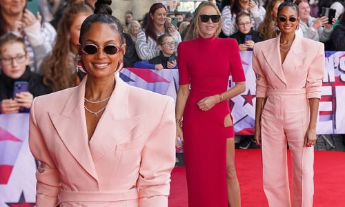Amanda Holden puts on a very leggy display in a red gown while Alesha Dixon looks glamorous in a pink blazer jumpsuit at the Britain's Got Talent auditions in Manchester