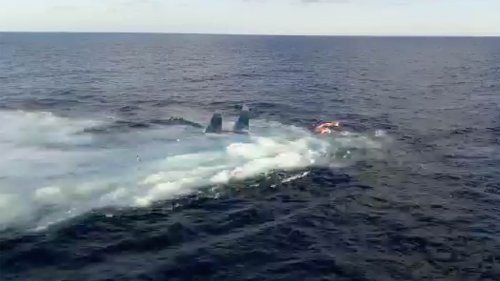 Russian SU-33 fighter jet is seen sinking in the Med in leaked footage showing aftermath of botched landing on Putin's crumbling aircraft carrier Admiral Kuznetsov in 2016