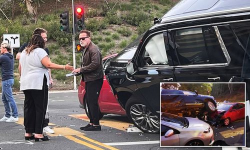 LAPD investigates Arnold Schwarzenegger car crash after woman is injured when the star rolls his GMC Yukon SUV over a Prius and then onto a Porsche Taycan after lunch with his son and daughter