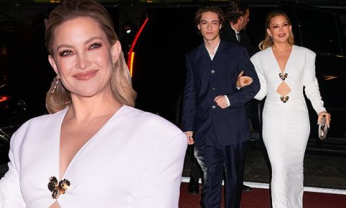 Kate Hudson, 43, stuns in low-cut white gown with torso cutout as she's escorted by her son Ryder Robinson, 18, at United Nations gala