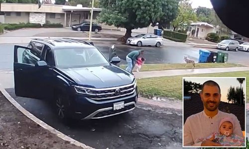 Dramatic moment father saves his two-year-old daughter after she was ambushed by a coyote outside their LA home
