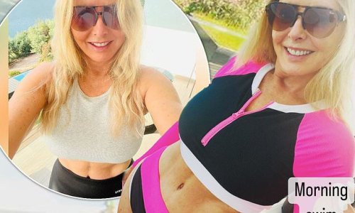 'Morning swim time': Carol Vorderman, 61, shows off her curves in a cropped swimsuit as she enjoys a plush fitness retreat in Portugal