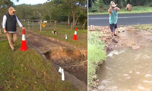 Giant sinkhole opens up in furious farmer's driveway - as a war between Telstra and the council brews after NOTHING is done to try and fix it