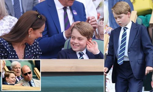 'It's a bit heavy!' George gets his hands on the Wimbledon trophy - but quickly passes it over to his mother Kate - as young Prince gives Novak Djokovic a big thumbs up after he romps to victory against Kyrgios in the men's final
