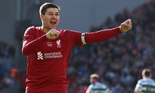Celtic fans throw BOTTLES and coins at Steven Gerrard after the ex-Rangers boss scores a penalty in a charity match at Anfield... which the Liverpool legend celebrated right in front of the away end