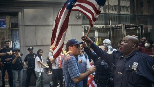 Pro-Palestinian protesters chant 'death to America' and light US flag ON FIRE while NYPD cops...