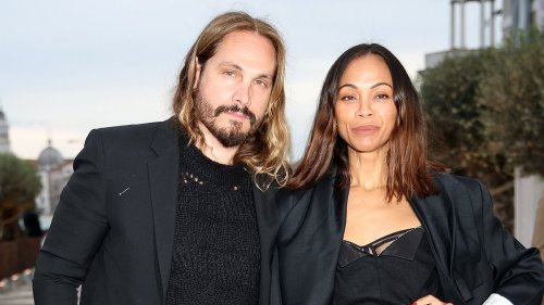 Zoe Saldana and husband Marco Perego look stylish in classic all-black as they step out together in...