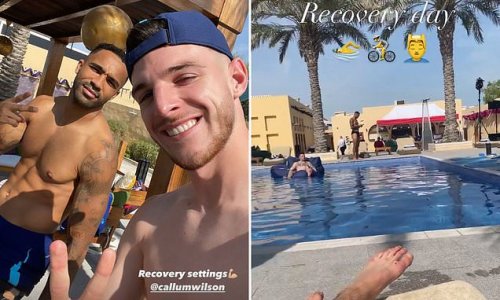 England's World Cup heroes enjoy a well-earned day off around the pool as Declan Rice, Jack Grealish and Co lap up the Qatar sunshine the morning after qualifying for the last-16 and sending Wales home