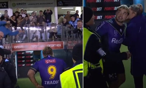 Brandon Smith is involved in FROSTY exchange with Cronulla fans as Melbourne gun appears to argue with supporters after being sin-binned