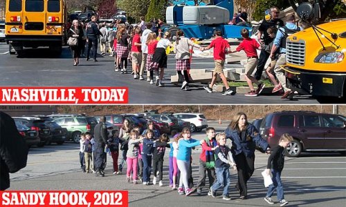 Haunting picture of Nashville elementary school children escaping mass shooting hand in hand is eerily reminiscent of Sandy Hook photo 11 years ago