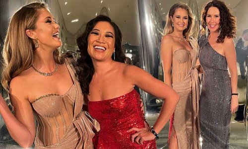 Nine's new golden girl Scherri-Lee Biggs dazzles in a glittering gown as she joins network stars at the Oasis Ball fundraiser in Perth