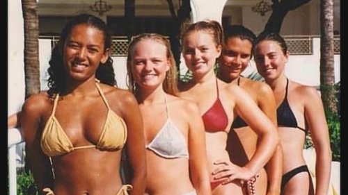 Baby-faced Spice Girls seen in epic bikini-clad noughties snap as Victoria Beckham celebrates her...
