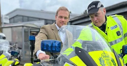 Sam Heughan says 'childhood dream came true' as he jumps on police motorbike in Edinburgh