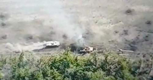 Russian tank hit by 3 explosions as troop drive past wrecked vehicle hit by mine